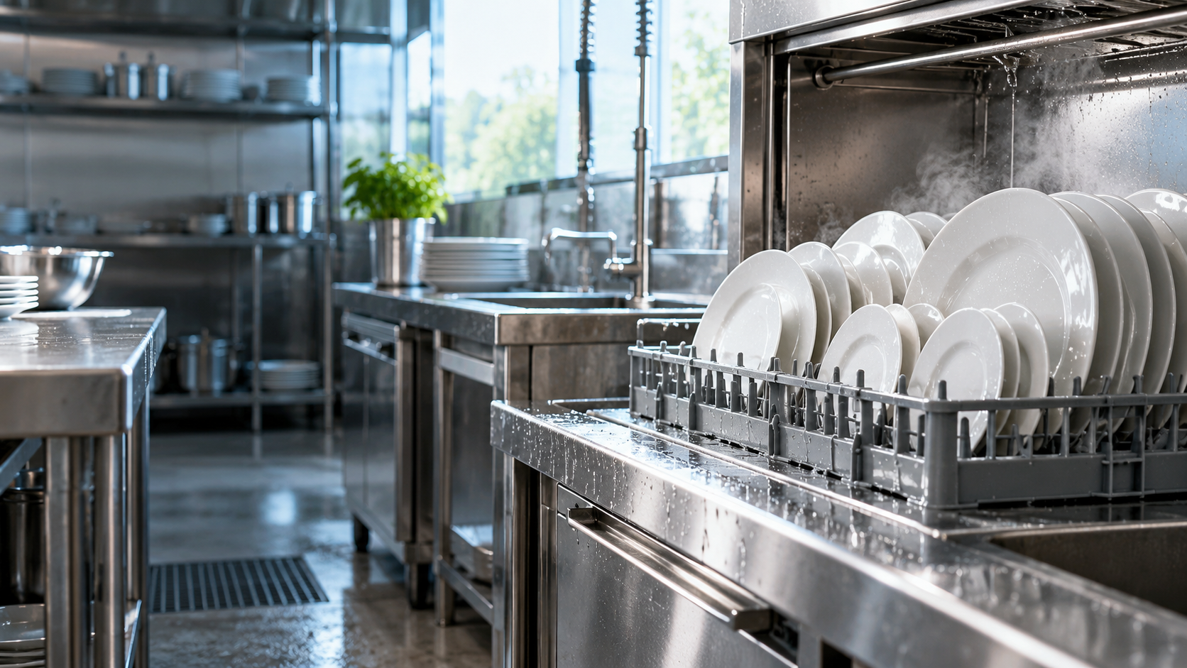 A premium professional kitchen warewashing area with gleaming white plates in a rack, clean stainless equipment and subtle steam, bright natural aqua light